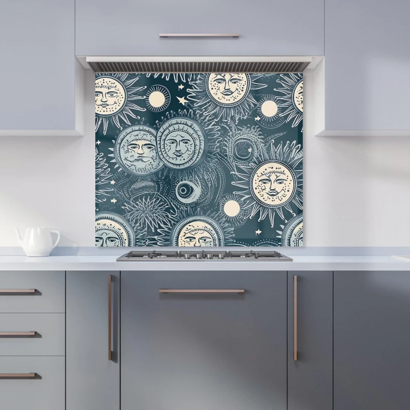 Image of Warren Reed - Designer Silver Blue Moon & Stars Kitchen Splashback Size: 600mm x 750mm Blue Unisex 600mm x 750mm