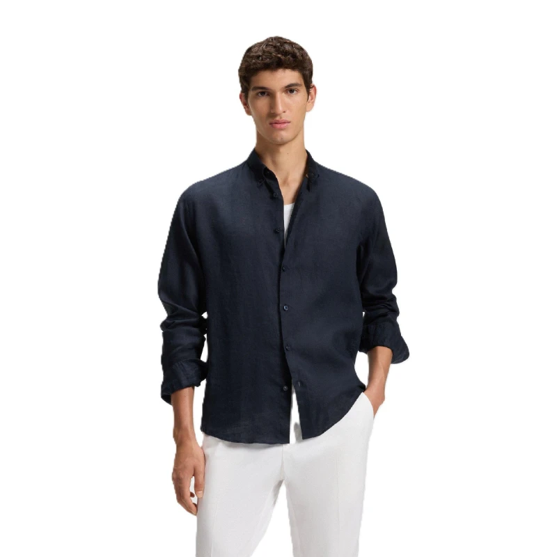 Image of Boss Mens Liam Long Sleeve Oxford Shirt Dark Blue male S