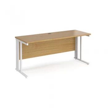 Image of Office Desk 1600mm Rectangular Desk With Cable Managed Leg Oak Tops With White Frames 600mm Depth Maestro 25