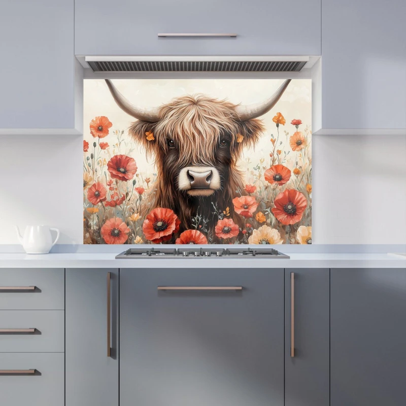 Image of Warren Reed - Designer Highland Cow & Summer Flowers Kitchen Splashback Size: 900mm x 650mm Multicolor Unisex 900mm x 650mm
