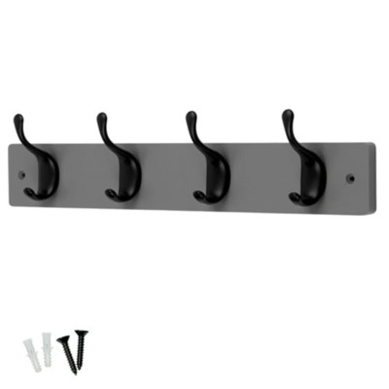 Image of Keypak 4 Matte Black Coat Hooks On Grey Wooden Board - 46Cm Modern Wall Mounted Coat Rack Clothes Hanger
