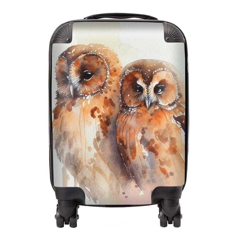 Image of Warren Reed - Designer Loving Tawny Owls Watercolour Suitcase in Brown Size: Small Brown Unisex Small