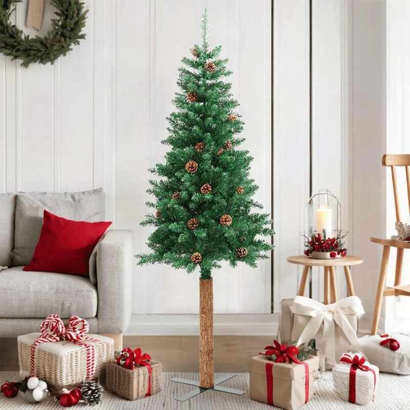 Image of VIDAXL Slim Christmas Tree with Real Wood and Cones Green 150cm PVC vidaXL 8720286011560
