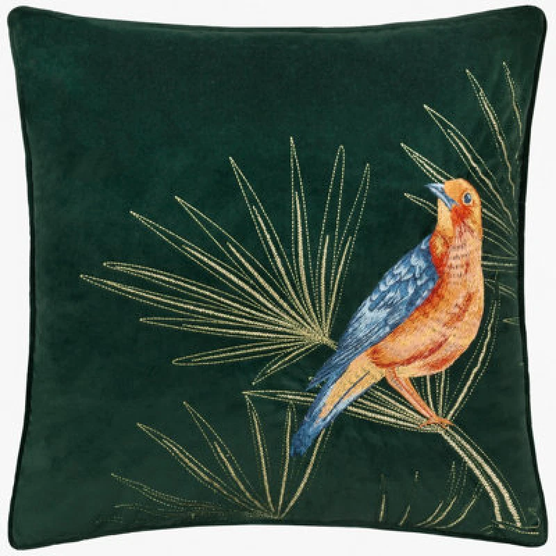Image of Paoletti Paoletti Odisha Exotic Bird Embroidered Cushion in Emerald Size: 45cm x 45cm Emerald 45cm x 45cm Unisex 5025532847331