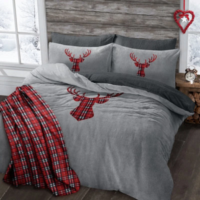 Image of Velosso Stag Head Teddy Warm & Cosy Duvet Cover & Pillowcase Set in Silver Size: Double Silver Unisex Double