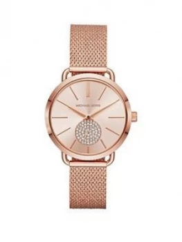 Image of Michael Kors Mk3845 Portia Blush Sunray Dial Rose Gold Stainless Steel Mesh Strap Ladies Watch