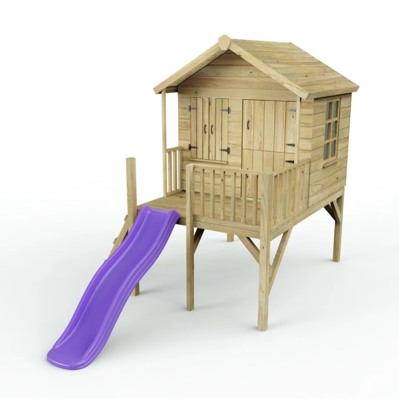 Image of Rebo 5ft x 5ft Wooden Garden Playhouse on Deck with 6ft Slide - Nightingale Purple Natural