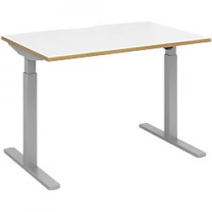 Image of Elev8² Sit Stand Single Desk with White & Oak Edge Coloured Melamine Top and Silver Frame 2 Legs Mono 1200 x 800 x 675 - 1175 mm