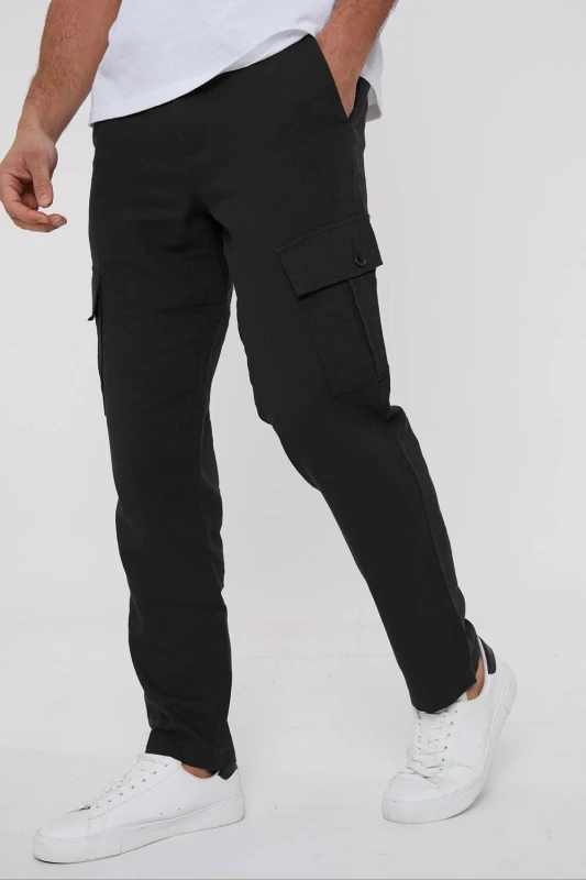 Image of Threadbare Mens 'Ramsay' Linen Blend Cargo Trousers in Black Size: 32R Black Male 32R