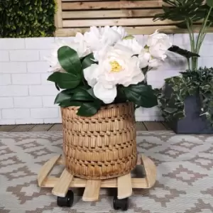 Image of Samuel Alexander - 35cm Round Wooden Garden Plant Pot Flower Trolley Stand on Wheels