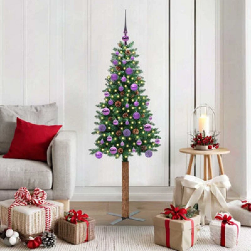 Image of vidaXL Slim Christmas Tree Green 150cm Pvc And Solid Pine Wood, Green 3394857