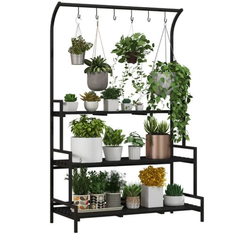 Image of Outsunny 3 Tier Plant Stand Ladder Shelf w/ Hanging Hooks, Black 845-962V00BK