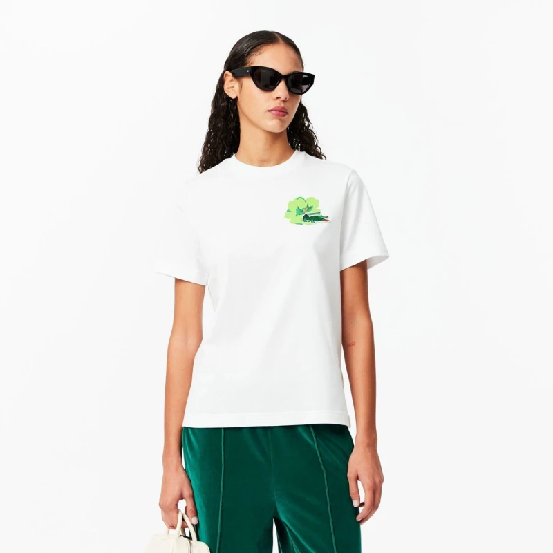 Image of Lacoste Floral Print Cotton T-Shirt White female 8