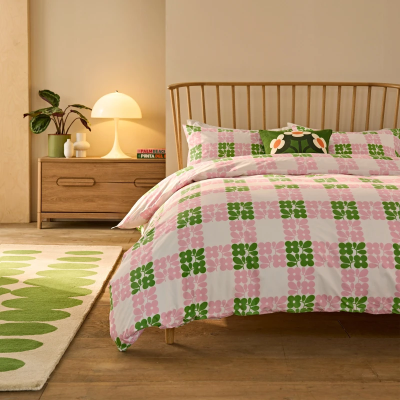 Image of Orla Kiely Floret Check Duvet Cover Bedding Set Dill Pink