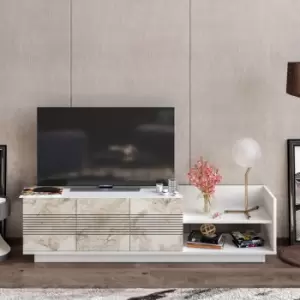 Image of Decorotika Viano 167cm Modern TV Unit, TV Cabinet, TV Console, TV Stand With 2 Cabinets, Open Shelves - White Marble Effect And White