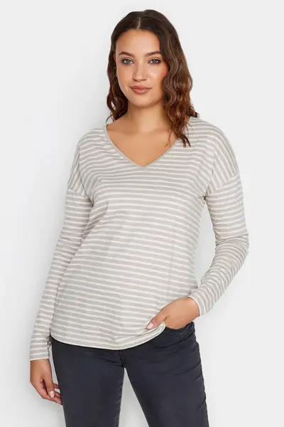 Image of Long Tall Sally Tall Stripe V-Neck Cotton T-Shirt White