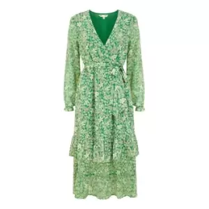 Image of Yumi Green Floral Wrap Tiered Midi Dress - Green