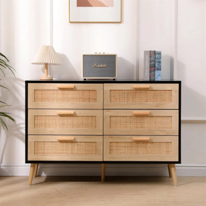 Image of Furniturehmd 6 Drawers Ratten Wide Chest,storage Sideboard Cabinet,organiser Unit For Bedroom,living Room,hallway