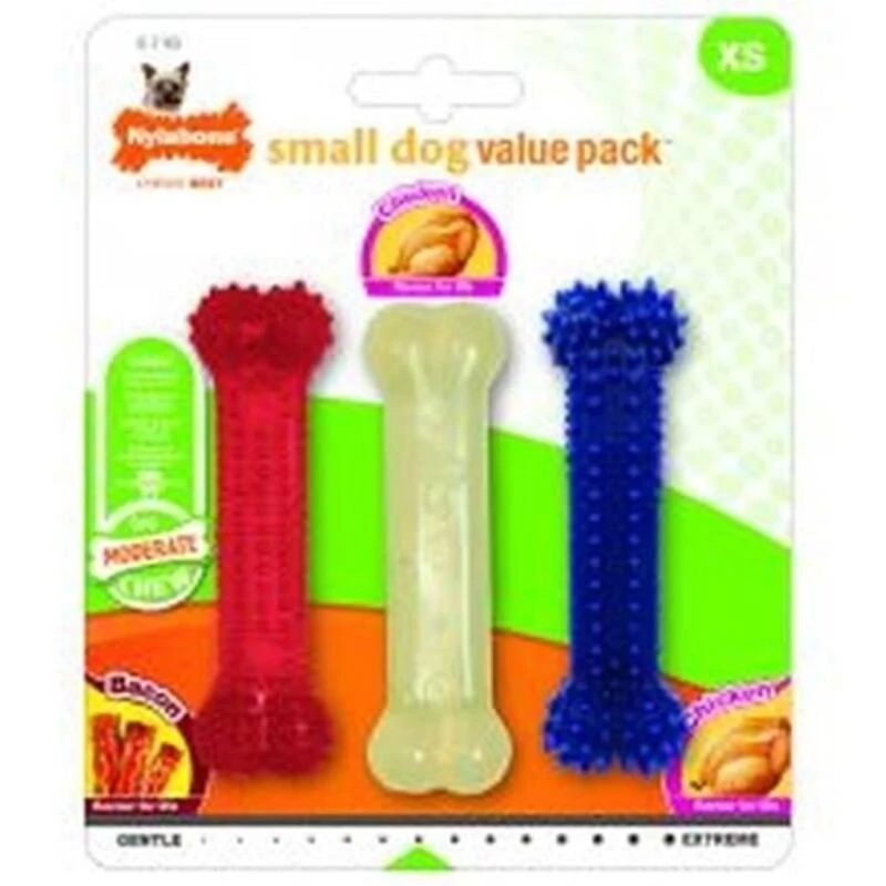 Image of Nylabone Moderate Flexible Dental Dog Chew Toy Bones 3 pack Bacon Chicken Flavoured X-Small for Dogs Up to 7kg Durable 3 Count (Pack of 1)