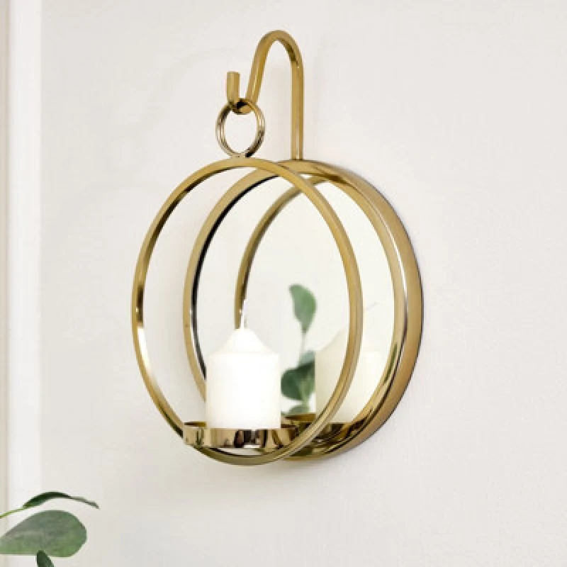 Image of Melody Maison Round Gold Mirrored Wall Candle Sconce Gold