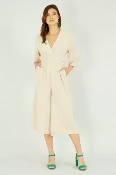 Image of Beige Kimono Style Jumpsuit With Tie Waist and Pockets