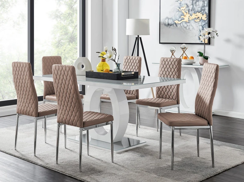 Image of FurnitureboxUK FurnitureboxUK Giovani 6-Seater Grey Glass Dining Table and 6 Milan Faux Leather Dining Chairs in Beige Beige One Size Unisex 505654263
