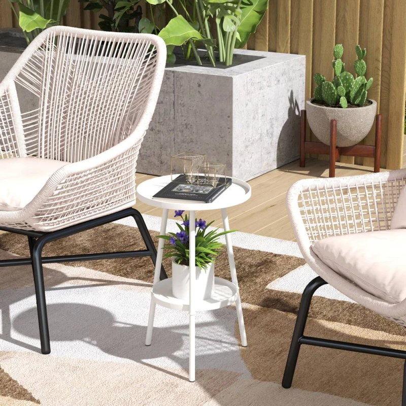 Image of OUTSUNNY Round Garden Table, 2-Tier Metal Patio Table Coffee Table, White White Unisex
