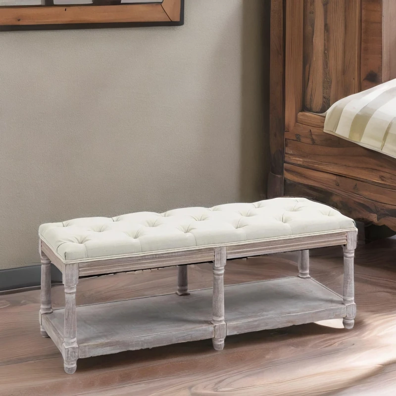 Image of Rafaelo Mobilia Upholstered Wooden Bench Seat With Shelf Cream White in Light Brown Light Brown Unisex