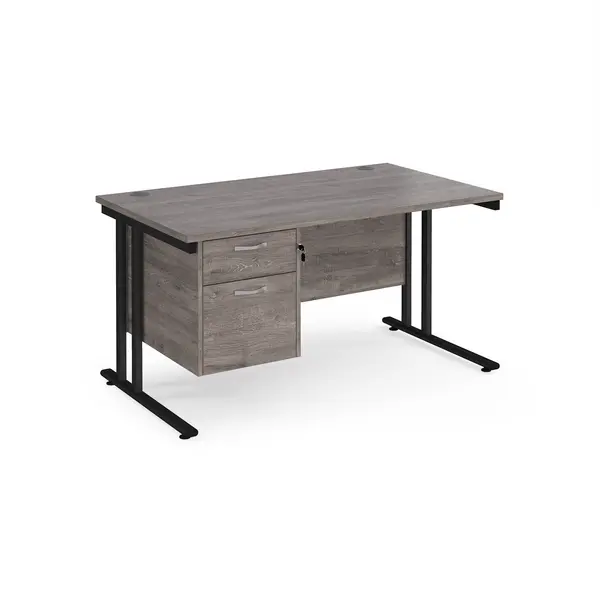 Image of Maestro 25 straight desk 1400mm x 800mm with 2 drawer pedestal - Black cantilever leg frame, grey oak top