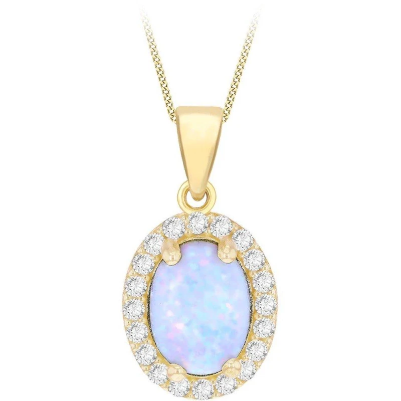 Image of Be You 9ct Gold Oval Synhetic Opal Halo with CZ Necklace Yellow Gold female 18in