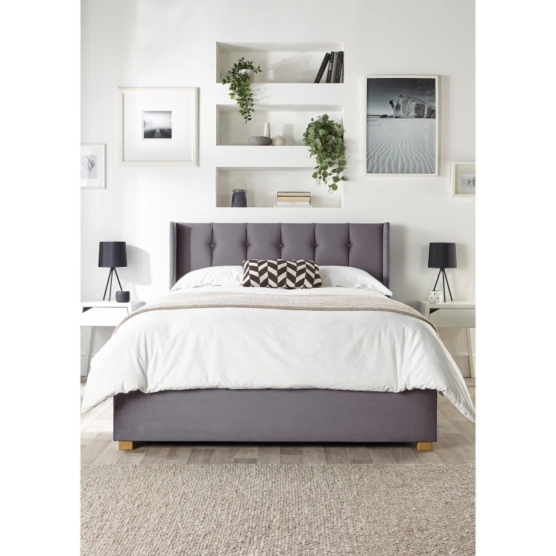 Image of CATHERINE LANSFIELD Utopia Velvet Ottoman Storage Bed with Upholstered Winged Headboard Steel SINGLE (90 x 190cm);SMALL DOUBLE (120 x 190cm);DOUBLE (