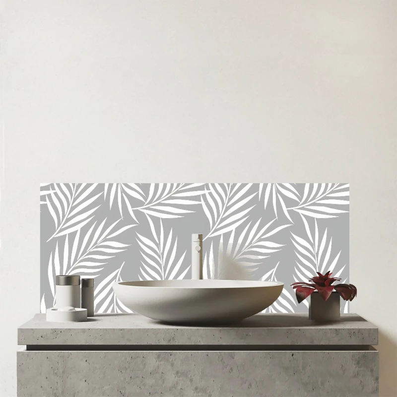 Image of Warren Reed - Designer Palm Tree Leaves Glass Bathroom Splashback in Grey Grey Unisex