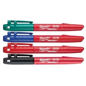Image of Milwaukee Hand Tools INKZALL Fine Tip Marker Assorted Colours (Pack 4)