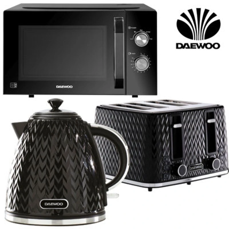 Image of Daewoo Daewoo Black 'ARGYLE' 3kW 4 Slice 23L Matching Kettle Toaster & Microwave Set Size: 3 Pack Black 3 Pack Unisex 5024996990997