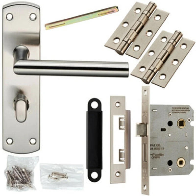 Image of Loops Door Handle & Bathroom Lock Pack Satin Nickel Modern Mitred Round Bar Backplate Metallics