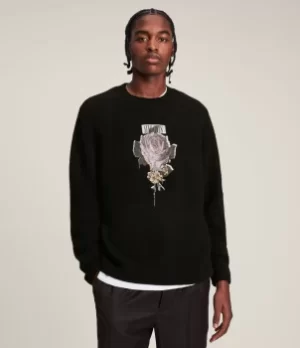Image of AllSaints Mens Wreath Crew Jumper, Black, Size: M