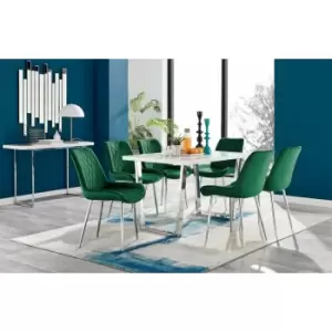 Image of Kylo White High Gloss Dining Table & 6 Green Pesaro Silver Chairs - Green