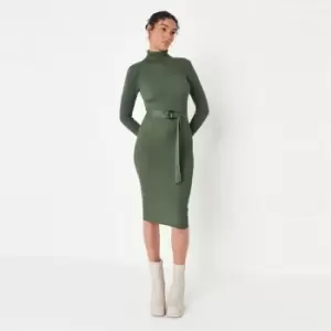 Image of Missguided Belted Roll Neck Ribbed Midi Dress - Green