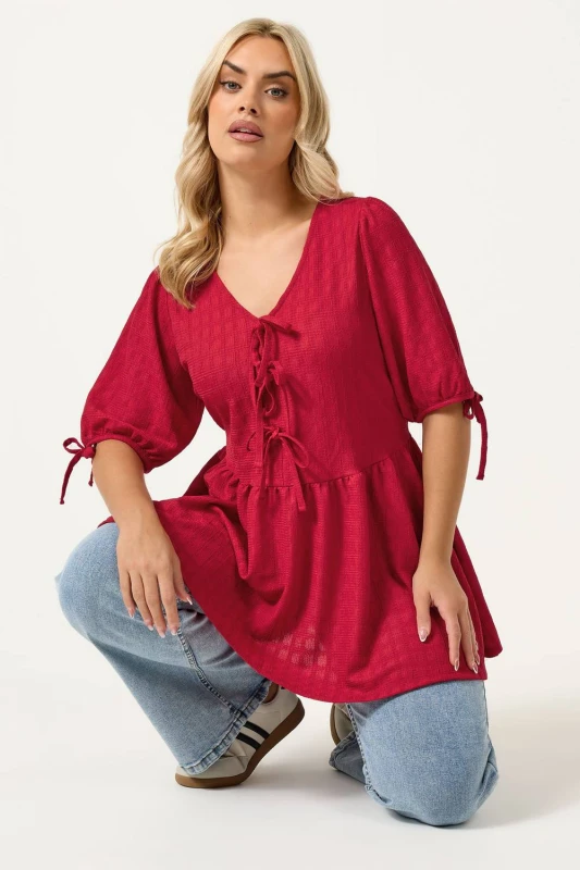 Image of Yours Womens Textured Bow Tie Front Top in Red Size: 18 Red Female 18