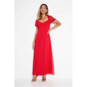 Image of I Saw It First Red Woven Dobby Mesh Puff Sleeve Sweetheart Midi Dress - Red