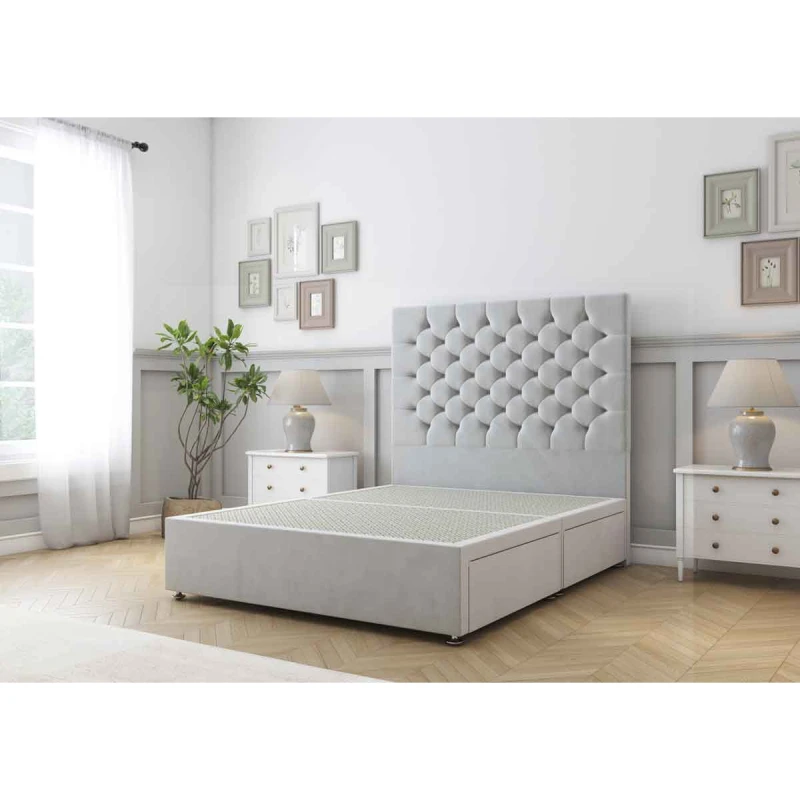 Image of Sloomy Mayfair Silver Plush Divan Bed Base 2 Drawers Same Side With 26" Strutted Headboard 2'6 Small Single
