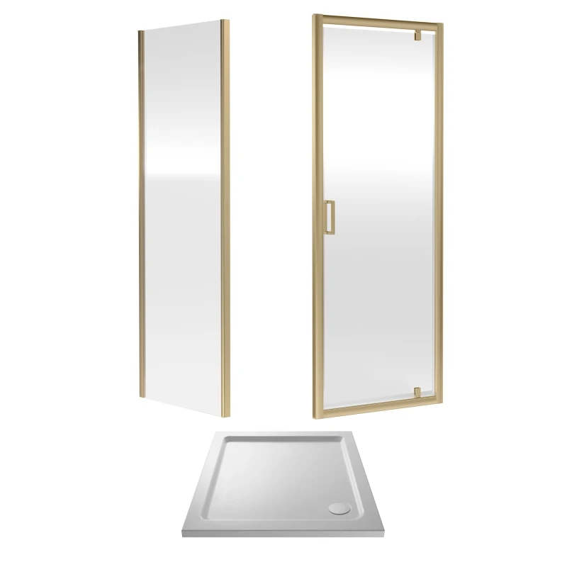 Image of Balterley Ruwa Pivot Suite & 6mm Glass 800x800mm Tray, Door & Side Panel Brass in Metallics Metallics Unisex