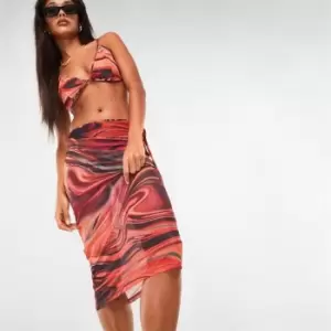 Image of Missguided Abstract Print Mesh Beach Cover Up Midi Skirt - Orange