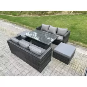 Image of Fimous 6 Seater Outdoor Dark Grey Mixed Rattan Lounge Complete Sofa Set with Adjustable Dining Table and 2 Big Footstools