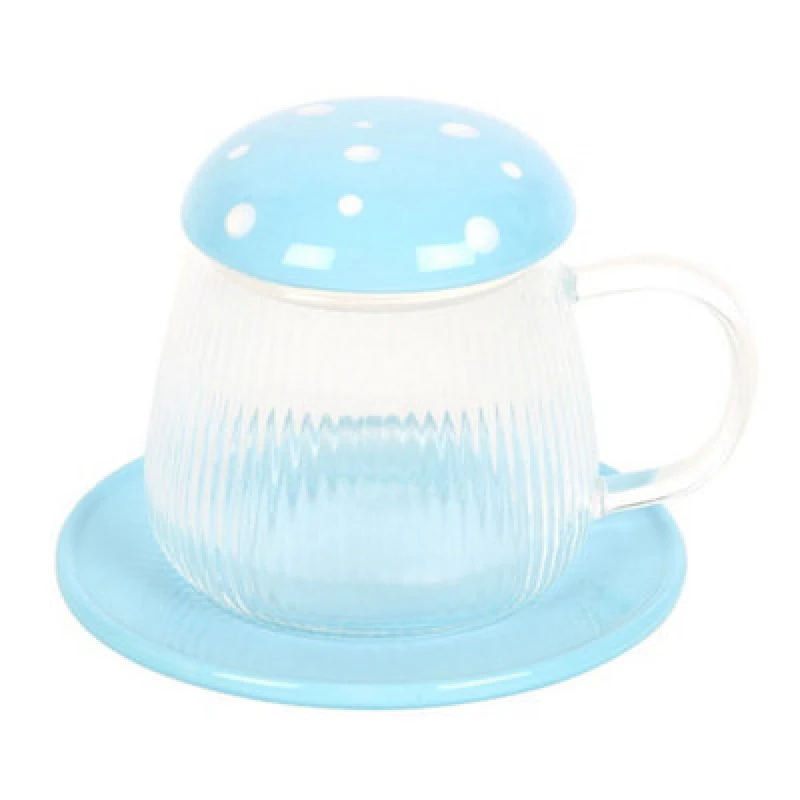 Image of Something Different Something Different Mushroom Glass Mug & Saucer in Blue Blue One Size Unisex 5063574821438