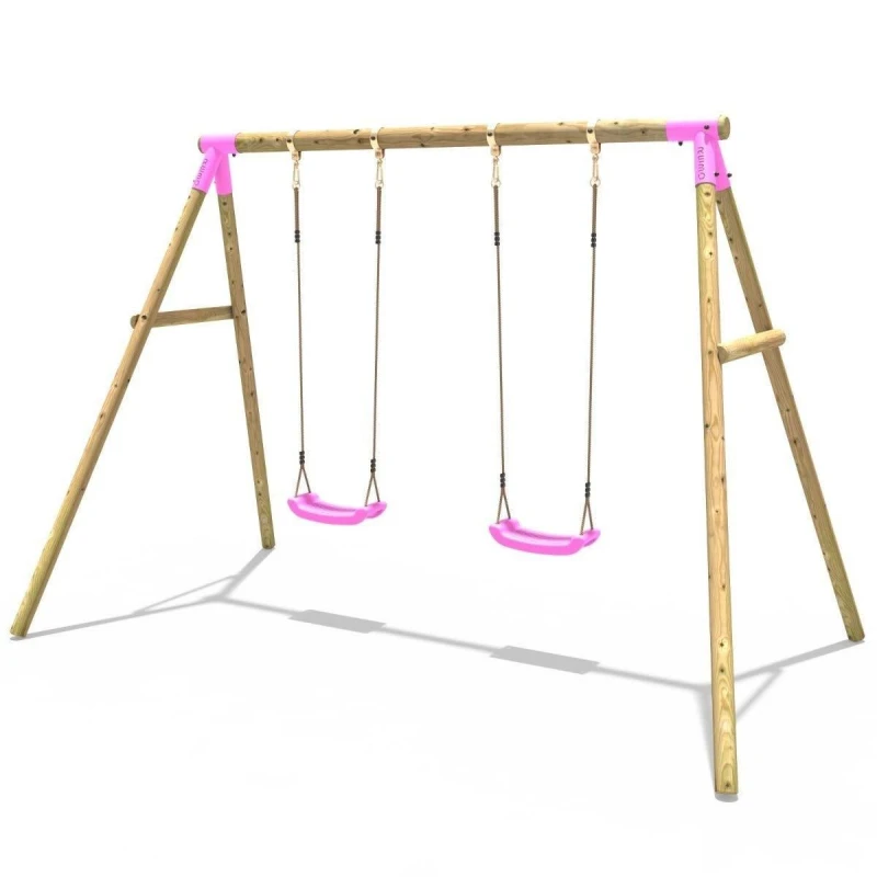 Image of OutdoorToys Rebo Kids Wooden Garden Swing Set with 2 Swings - Venus Pink Pink Unisex