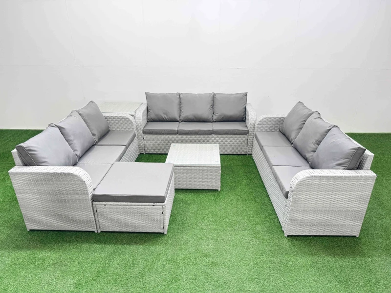 Image of Fimous PE Rattan Lounge Sofa Set 10 Seater Outdoor Garden Furniture Set with Square Coffee Table 3 Seater Sofa Big Footstool Side Table Light Grey Lig