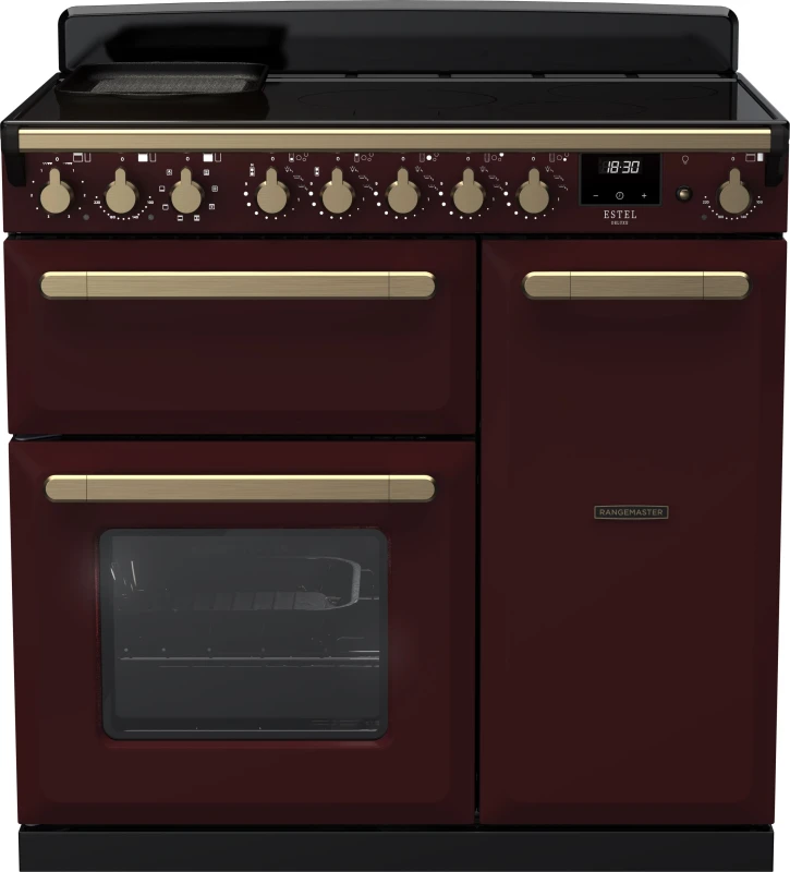 Image of Rangemaster Estel Deluxe ESDL90EIPBOR/AB1 90cm Electric Range Cooker with Induction Hob - Bordeaux / Antique Brass - A/A Rated