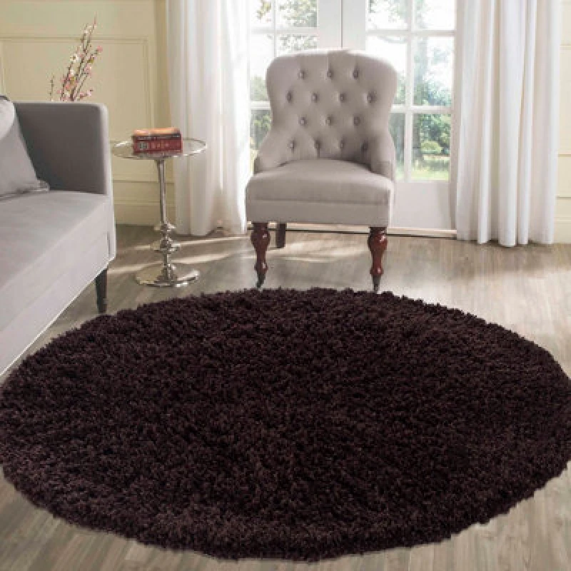 Image of Desire Rugs Plain Living Room Shaggy Area Rugs Brown Round 120X120 Cm