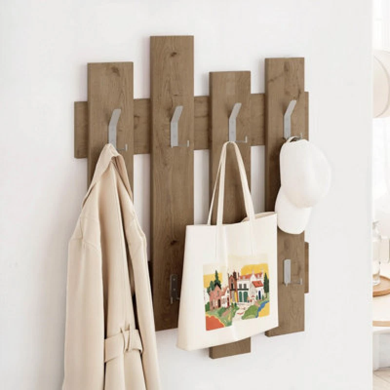 Image of Decortie Wave Modern Wall-Mounted Coat Hanger With 8 Hooks Natural Oak 69 Width